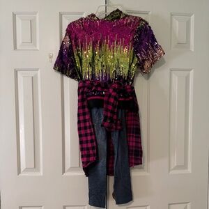 Sequin Hip Hop Dance Costume w/ Plaid Shirt & Denim Leggings